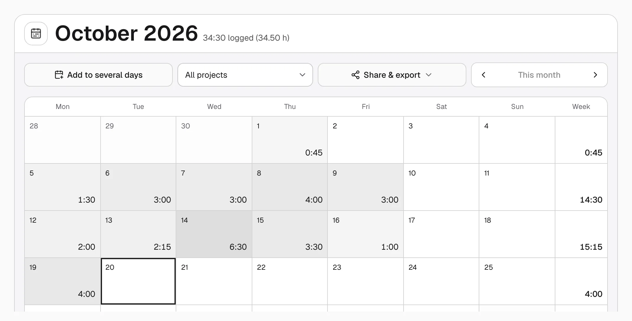 The month calendar: each day shaded by hours logged, with weekly totals on the right.