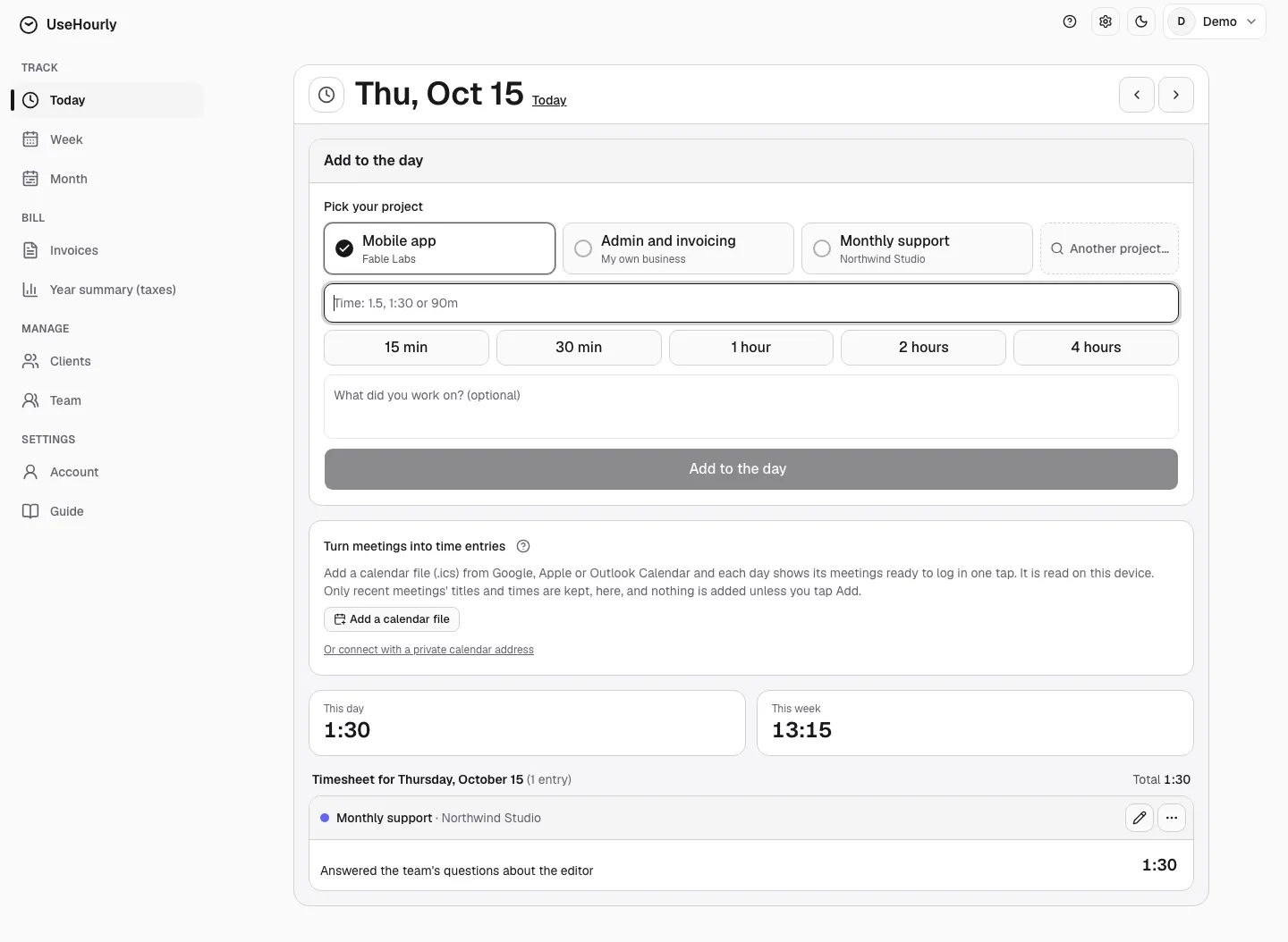UseHourly: the Today screen, where a day is logged in seconds