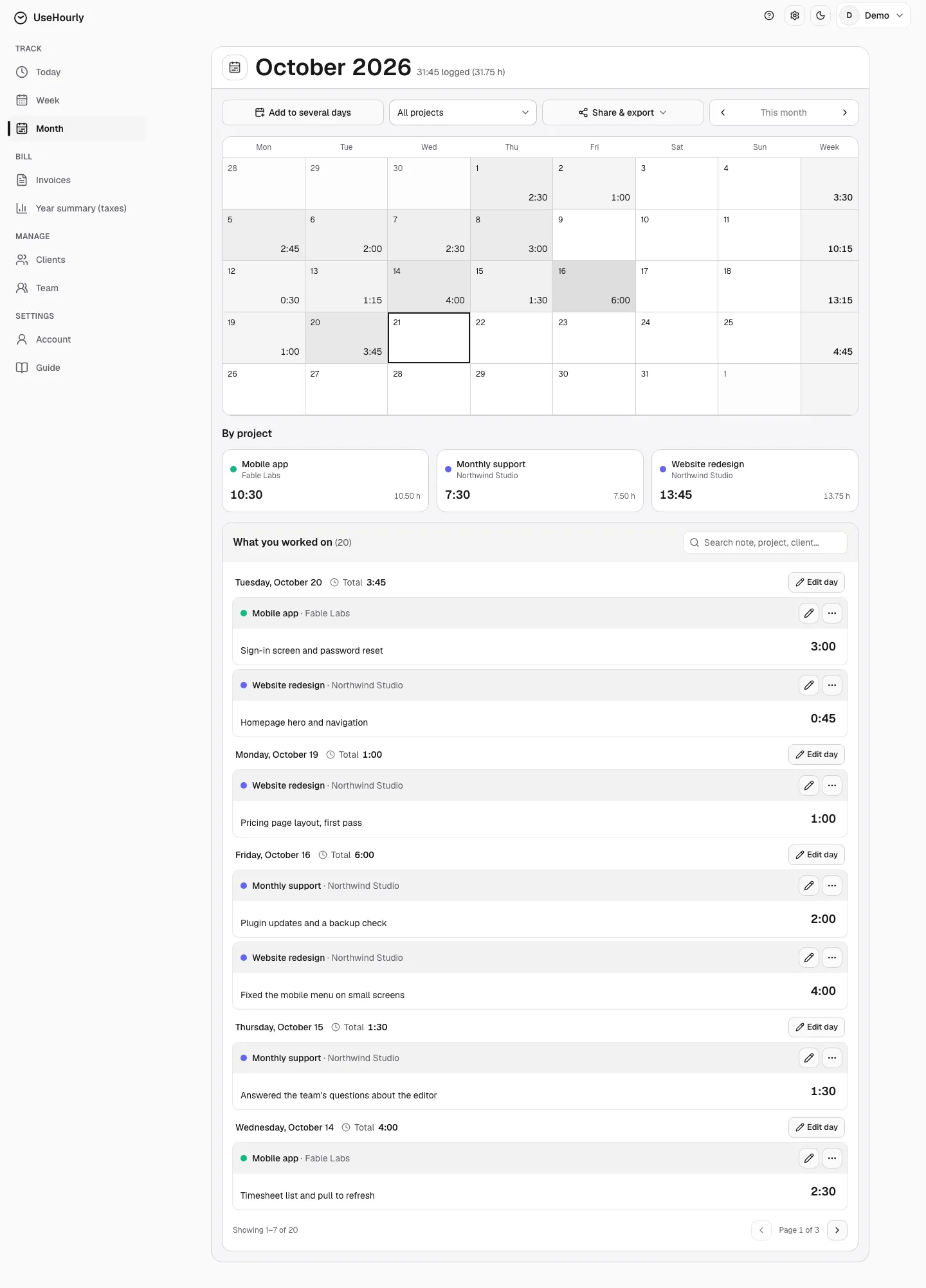 UseHourly: the month calendar with day and week totals