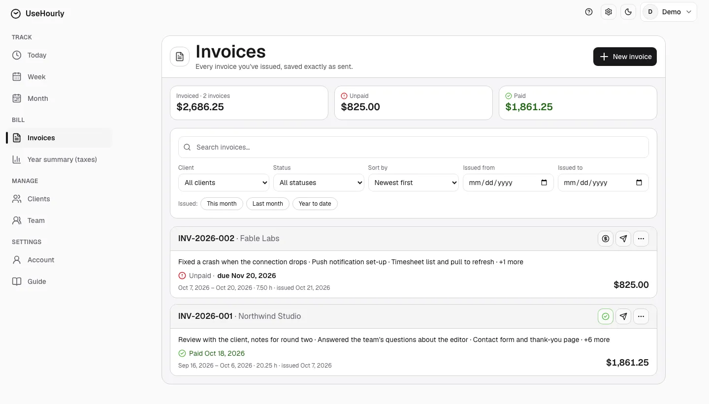 UseHourly: invoices