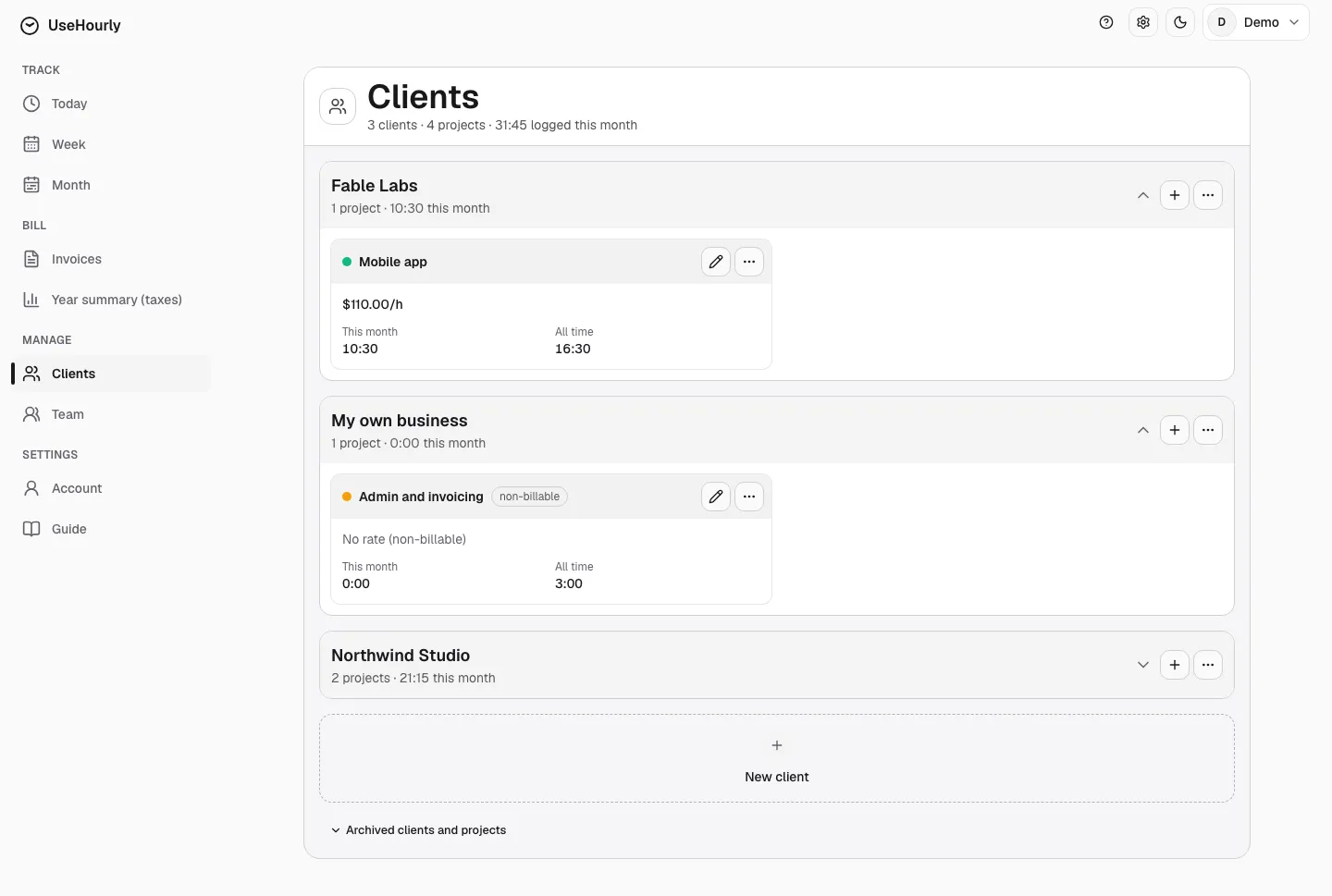 UseHourly: clients and projects with rates and budgets